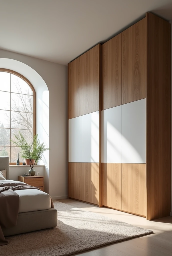 Create a wardrobe sliding two door design with oak wood and white combination and same combination to be bed behind wall arch