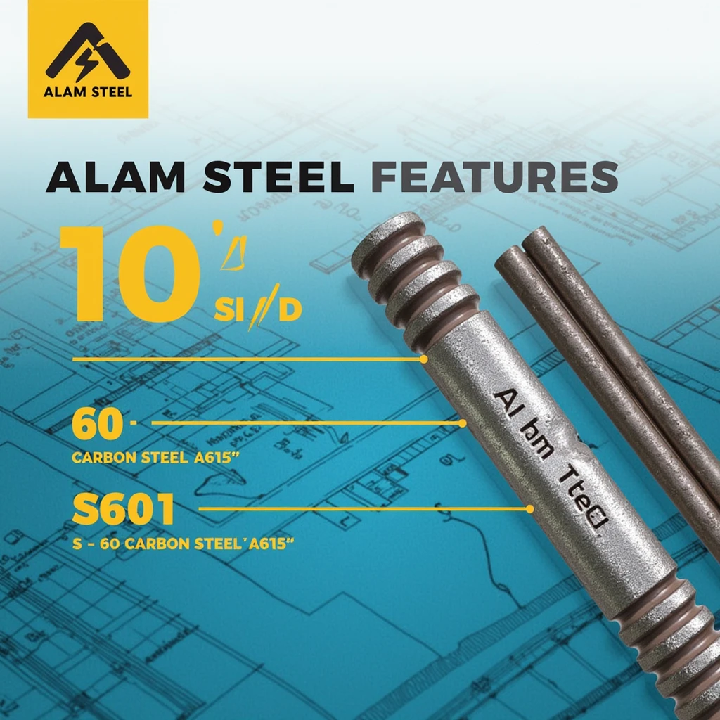 Create a high-quality image of a steel rebar similar to the one provided, featuring the brand name "Alam Steel" embossed on the rebar. The image should closely resemble the original with the following elements:

1. **Main Ribs**: The rebar should display prominent ribs, with a clear focus on the texture and detail.
2. **Brand Name**: Replace "Amreli" with "Alam Steel" embossed on the rebar, maintaining the same style and font used for the brand name.
3. **Size Designation and Steel Type**: Include similar markings on the rebar, such as size designation (e.g., "10") and steel type (e.g., "S 60 – Carbon Steel (A615)").
4. **Background**: Keep the background design similar, with architectural drawings or patterns in subtle colors to maintain the professional look.
5. **Text and Layout**: Replicate the original layout with text pointing to the various features of the rebar, but replace "Amreli Steels" with "Alam Steel" in the title and logo.

Ensure that the image is of high resolution and quality, suitable for marketing and informational purposes.
