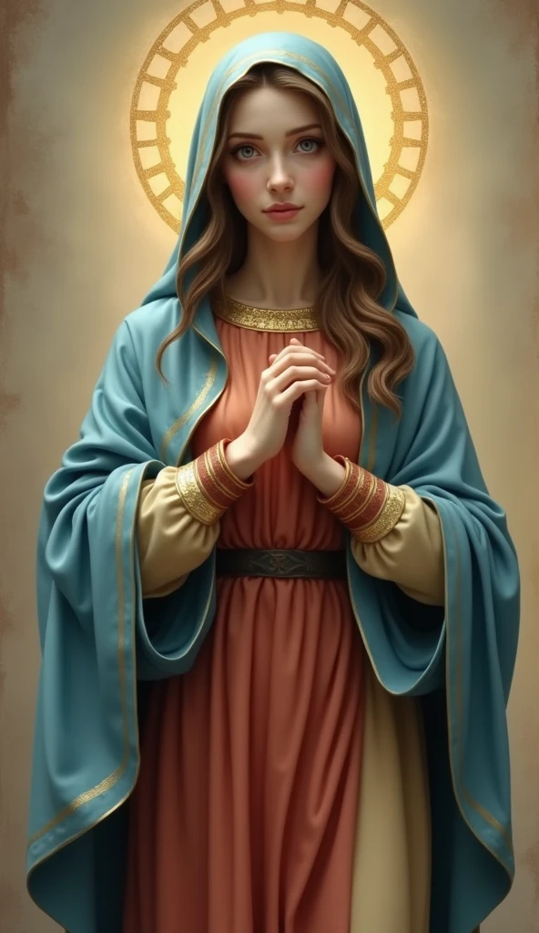 Beautiful Virgin Mary looking at the camera、Has moist eyes, （whole body：1.2）, Wearing a reddish-beige tunic with a blue cloak and veil , Slim body, Beautiful legs, whole body, Daytime, Halo