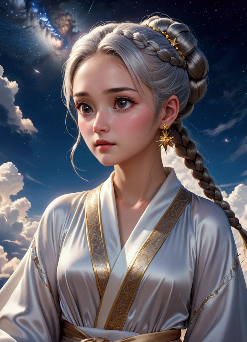 (Beautiful night sky), (Stars), Meteor Showers, Beyond the clouds,Wide Angle, Stunning clouds, 1 Girl, Solitary ,(young), Facial highlights, Upper Body, Delicate face, Tear mole, White skin, Silver Hair, Ponytail, Braided hair, Looking at the audience, big eyes, silk robe, (Hollow pattern, White, silk), earrings, Small Breasts, slim, VIP room, Professional lighting, Photon Mapping, Radiosity, Physically Based Rendering,(best quality, masterpiece:1.2), Ultra-high resolution, Practical, forward lighting, Intricate details, Exquisite details and textures,