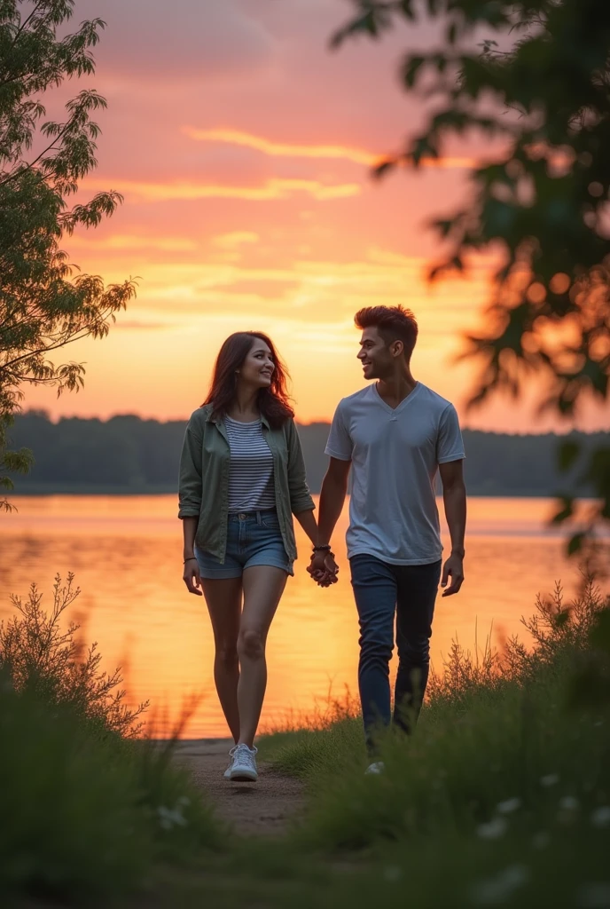 Fotografhy A beautiful, slightly fat Asian girl wearing casual clothes is walking hand in hand with a handsome Asian man on the edge of a beautiful lake. A straight forward view