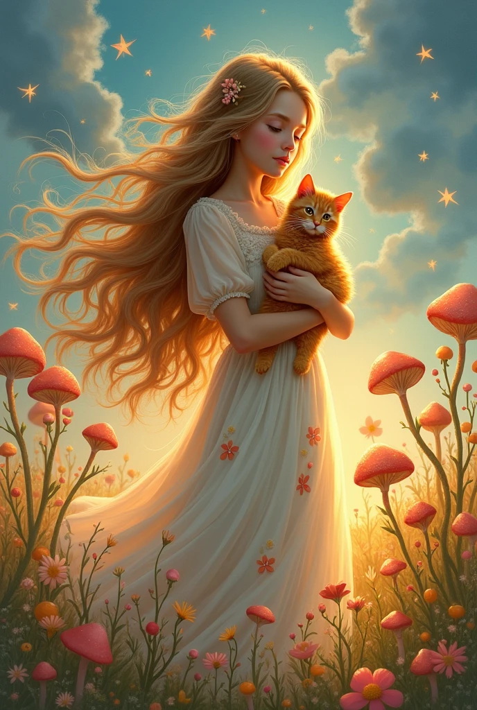 Long haired girl holding an orange cat, fairytale abstract 