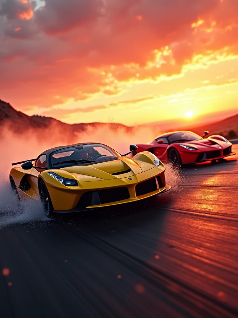 A thrilling cinematic photo capturing the high-speed chase of a yellow Lamborghini aventador svj racing alongside a ferrari laferrari vibrant red. The Lamborghini's tires screech as it takes a sharp turn, while the ferrari's sleek design cuts through the air. In the background, a breathtaking sunset casts the sky in vibrant shades of orange and pink, setting the scene for a dark fantasy. The overall atmosphere is dynamic and exhilarating, with a sense of danger and excitement hanging in the air., cinematic, photo, dark fantasy, poster, vibrant