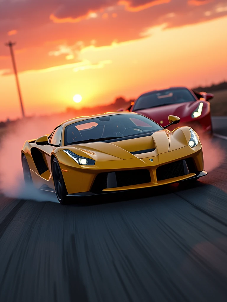 A thrilling cinematic photo capturing the high-speed chase of a yellow Lamborghini aventador svj racing alongside a ferrari laferrari vibrant red. The Lamborghini's tires screech as it takes a sharp turn, while the ferrari's sleek design cuts through the air. In the background, a breathtaking sunset casts the sky in vibrant shades of orange and pink, setting the scene for a dark fantasy. The overall atmosphere is dynamic and exhilarating, with a sense of danger and excitement hanging in the air., cinematic, photo, dark fantasy, poster, vibrant