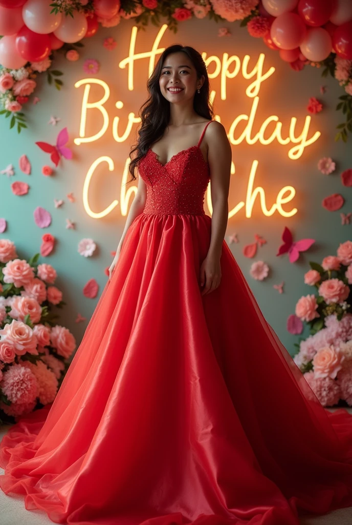 Real Pinay women beautiful semi Chubby with red Ballgown with name wall "Happy Birthday Che Che"with flowers baloons butterflies