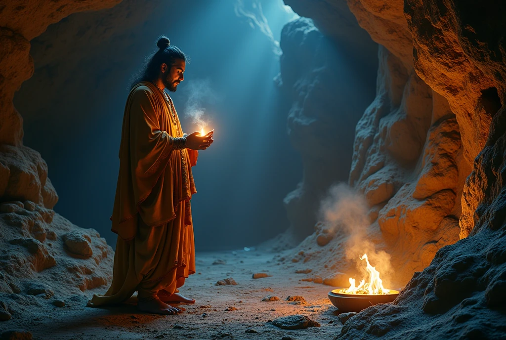 Depict Aditya performing a ritual or chanting mantras while operating the ancient device. The device should emit a mystical light that illuminates the cave walls with ancient images and stories."