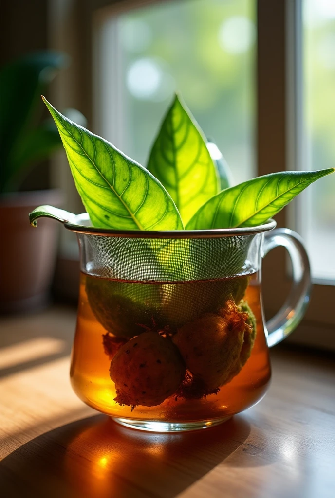 I want the soursop leaf water to be strained with a strainer for a tea without characters and closer up, Let the water be light brown and let the leaves be seen straining