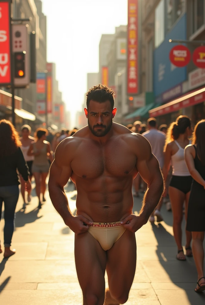 A muscle man, well-built, furry, virile and attractive in underwear, walking embarrassed down the street, covering his underwear with his hands