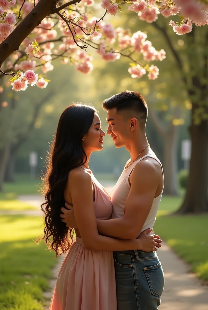 Lesbian women couple, One is a brunette Latina with long hair, black and straight. The other woman is white, a little higher than the first, with man-cut hair, and man's features, They are in love and holding hands.