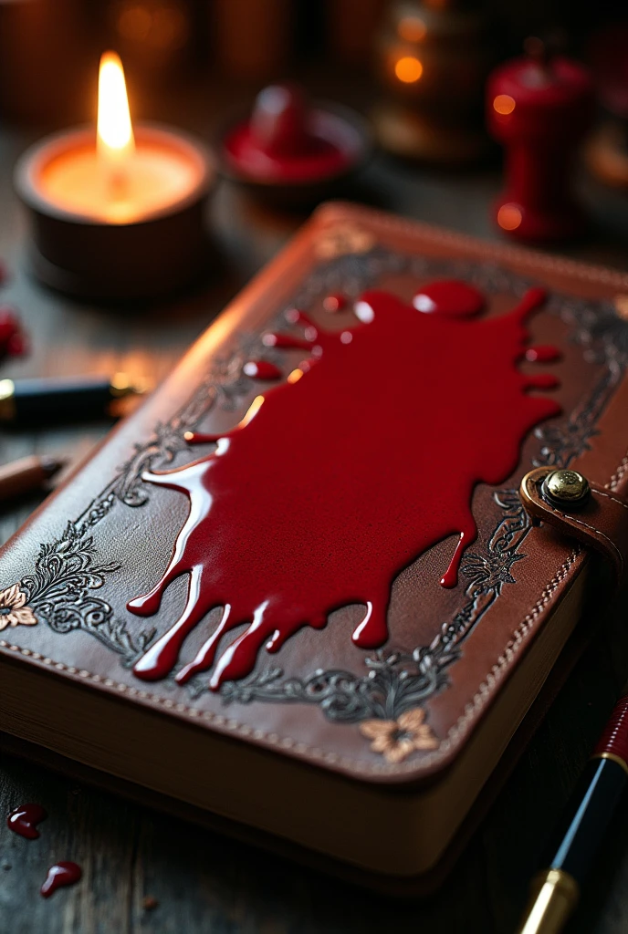 Red nail polish mixed with blood spilled on a notebook