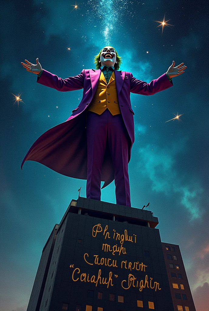 DC comics, The joker (insane smile, big stary eyes, trademark purple outfit, arms out) standing on the roof of a skyscraper, viewed from a low angle behind shoulder, insane starry night with evil stars. DC comics, "Ph'nglui mglw'nafh Cthulhu R'lyeh wgah'nagl fhtagn" written clearly across the bottom of the screen