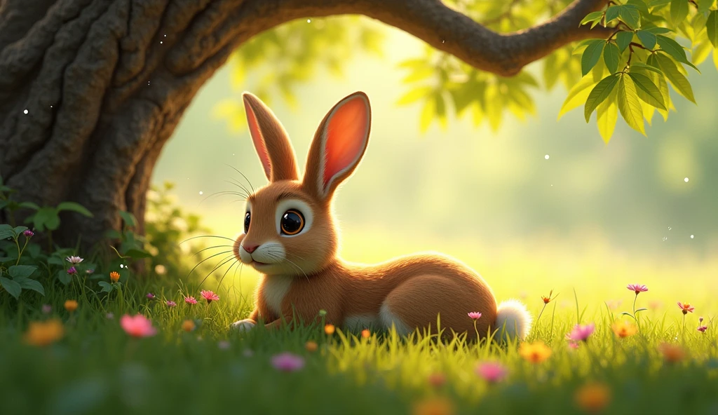 *: "A lively rabbit named Ricky with sleek, brown fur wake up and lying under the tree