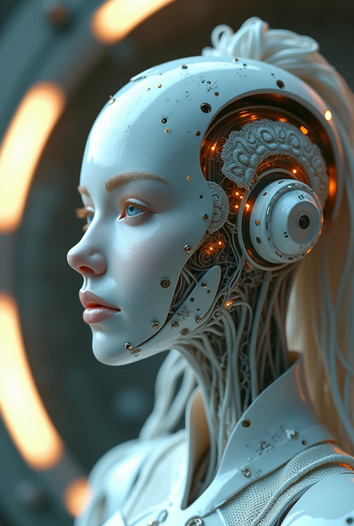 complex 3d render ultra detailed of a beautiful porcelain profile woman android face, cyborg, robotic parts, 150 mm, beautiful studio soft light, rim light, vibrant details, Luxurious cyberpunk, lace, hyperrealistic, anatomical, facial muscles, cable electric wires, microchip, elegant, beautiful background, Octane Render, H. R. Giger style, 8k, best quality, masterpiece, illustration, an extremely delicate and beautiful, extremely detailed ,CG ,unity ,wallpaper, (realistic, photo-realistic:1.37),Amazing, finely detail, masterpiece,best quality,official art, extremely detailed CG unity 8k wallpaper, absurdres, incredibly absurdres, uhd、Enchanting cleavage