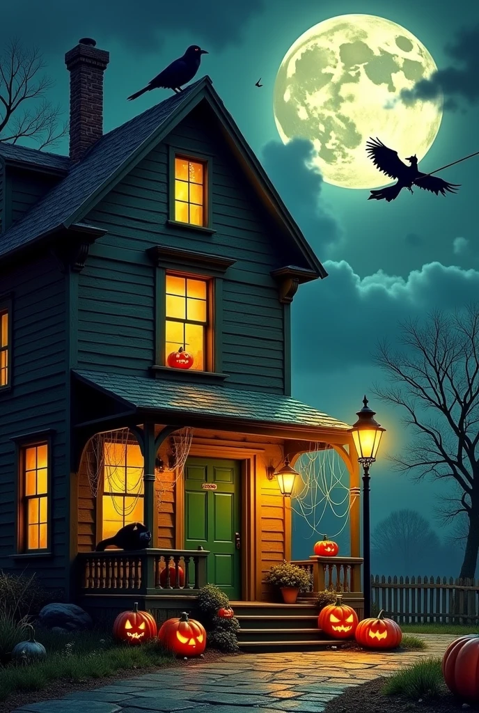 A house decorated for Halloween on a full moon night a black cat sitting in front of the house a black crow a black bat flying in the sky a witch flying through the moonlight a lamppost lit in front of the house