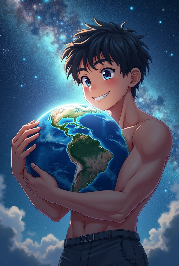 Let's create a god in outer space holding the earth in his hand looking and smiling he is very young and has 6 pack muscles his face does not look like a modern human but a handsome anime with 2 bangs he is much bigger than the earth with just 1 hand he can crush the earth