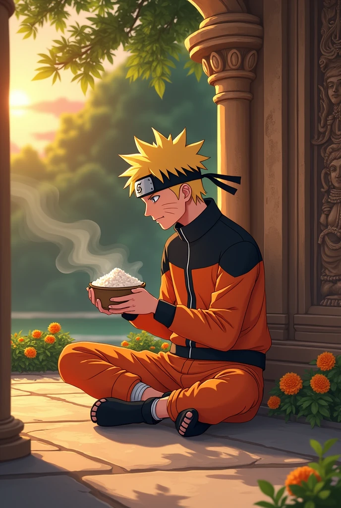 Naruto eating curdrice in tamilnadu temple outside