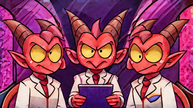 (masterpiece, best quality:1.2), Group of Imp´s, serious face, wearing scientist clothes, writing on a notebook futuristic purple laboratory background