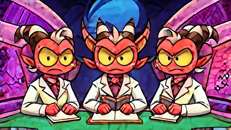 (masterpiece, best quality:1.2), Group of Imp´s, serious face, wearing scientist clothes, writing on a notebook futuristic purple laboratory background