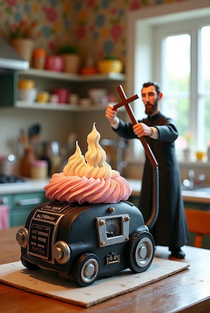 Make me a cake shaped like a vacuum cleaner, being exorcised by a cartoon