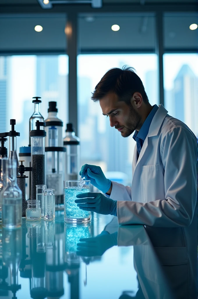 Generate an image on the application of carbon based material in water treatment