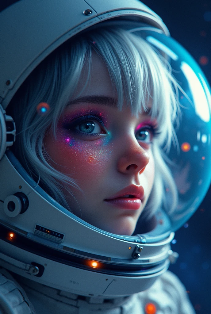 (Close-up of a better masterpiece:1.5)0.9], (Space and astronauts:1.2) (Messy silver hair:1.1) (Heterochromia xanthochromia and blue eyes:1.2) (Space Helmet:1.0) (Colored stars in the eyes:1.0) (A radiant glow:1.1) (thick lips:0.9)