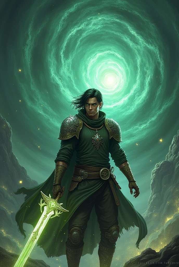 (photorealism:1.2), Background: The cover features a dramatic, fantasy landscape of a world shrouded in illusion. The backdrop includes a large, swirling vortex or veil, symbolizing the illusionary nature of the world. The landscape is a mix of mystical forests, ancient ruins, and shadowy mountains, with a faint, otherworldly glow permeating the scene.Foreground: In the foreground, the central figure is Riven Kael, depicted in a dynamic pose. He is dressed in rugged, battle-worn attire, reflecting his journey and struggles. His green eyes are intense, and his raven-black hair is slightly tousled, adding to his determined appearance.Details:Riven is shown wielding a prominent weapon, such as a glowing sword or staff, symbolizing his quest for power and vengeance. The weapon should have intricate designs and a radiant aura, emphasizing its significance.Surrounding Riven are subtle, ethereal elements like floating fragments of light, mystical runes, or ghostly figures, representing the illusion and magical aspects of the world.Color Scheme: The color palette includes deep, rich tones such as emerald green, midnight blue, and dark purple, contrasted with highlights of silver and gold. These colors should evoke a sense of mystery, magic, and danger.Text:The title, “Veil of Illusion: The Awakening,” is prominently displayed at the top or center of the cover in an elegant, fantasy-style font. The letters might have a glowing or metallic effect to stand out against the background.At the bottom or in a corner, include the author’s name in a smaller but matching font. You might also add a tagline or subtitle that hints at the novel’s themes, such as “Betrayal, power, and revenge in a world of illusions.”Overall Mood: The cover should convey a sense of epic fantasy and high stakes, with a focus on the themes of illusion, power, and the protagonist’s journey. The imagery should intrigue and captivate potential readers, drawing them into the mysterious and enchanting world of th