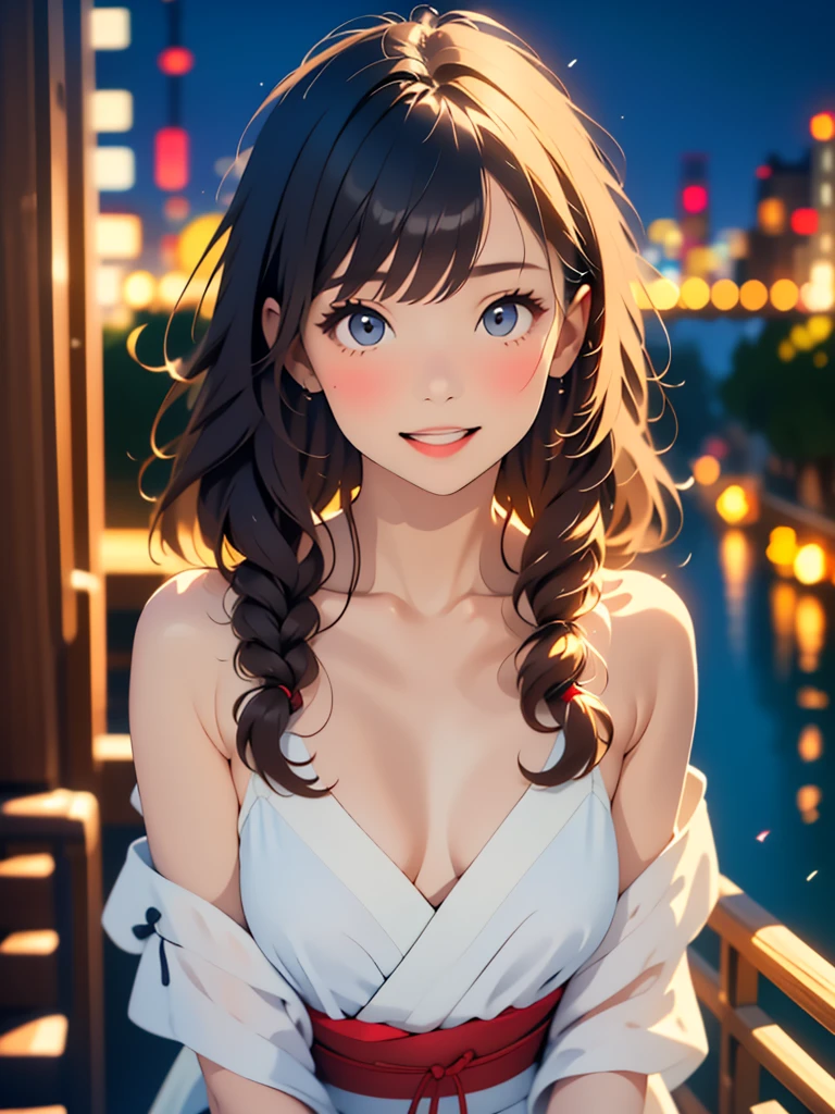 1woman, , (((woman))), alone, realistic, highest quality, photorealistic, masterpiece, 8K, High resolution, alone, highly detailed face, (professional lighting, Bokeh), (particles of light, Lens flare, glowing particles:0.6), (dynamic pose:1.2), soft lighting, Angle seen from above, Fashionable and trendy atmosphere, Japan, (street:1), Tokyo, (city), river, ((at night)), null, ((looking at the viewer:1)), (look at the camera),(portrait:0.6), cowboy shot, nice, walk, Maintain original face proportions, wide shoulders, whole body, (Medium chest), (long hair), brown hair, floating hair, lips, lipstick, seductive smile, floating hair, (smile), (Open_mouth), teeth, Eye Ring, ((full nude)),