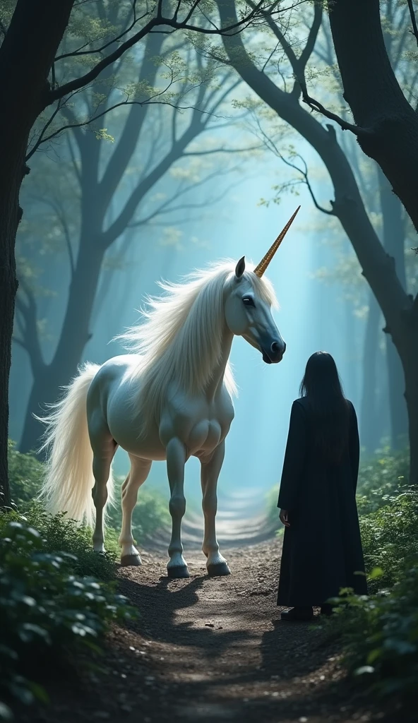 A shining white unicorn appears from the depths of the sacred forest, its horn shining brightly. The creature's fantastical presence contrasts with its dark surroundings. The unicorn's mane flows like silk, and its eyes reflect wisdom and power. Vortex, with long black hair and a black coat, watches the unicorn approach. The unicorn's appearance signals the beginning of a great challenge.