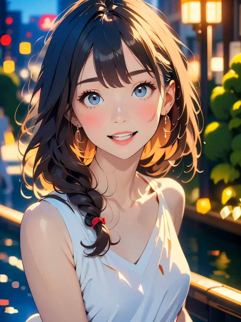 1woman, , (((woman))), alone, realistic, highest quality, photorealistic, masterpiece, 8K, High resolution, alone, highly detailed face, (professional lighting, Bokeh), (particles of light, Lens flare, glowing particles:0.6), (dynamic pose:1.2), soft lighting, Angle seen from above, Fashionable and trendy atmosphere, Japan, (street:1), Tokyo, (city), river, ((at night)), null, ((looking at the viewer:1)), (look at the camera),(portrait:0.6), cowboy shot, nice, walk, Maintain original face proportions, wide shoulders, whole body, (Medium chest), (long hair), brown hair, floating hair, lips, lipstick, seductive smile, floating hair, (smile), (Open_mouth), teeth, Eye Ring, ((full nude)),