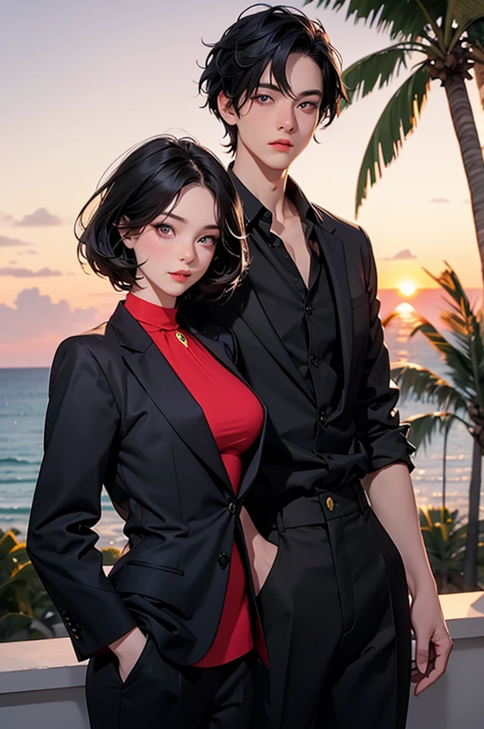 retro girl, short black hair, heterochromia eyes, black suit top, red dress shirt, stright dress pants, Miami, sunset, Ferrari, palm tree,