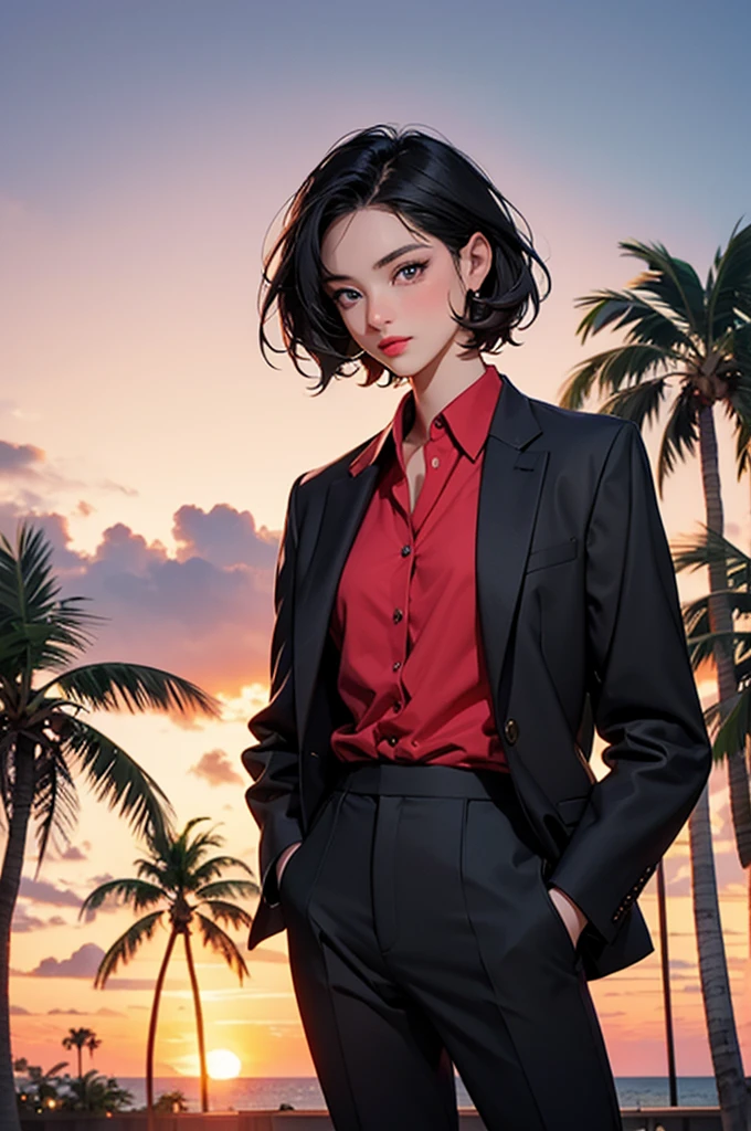 retro girl, short black hair, heterochromia eyes, black suit top, red dress shirt, stright dress pants, Miami, sunset, Ferrari, palm tree, 
