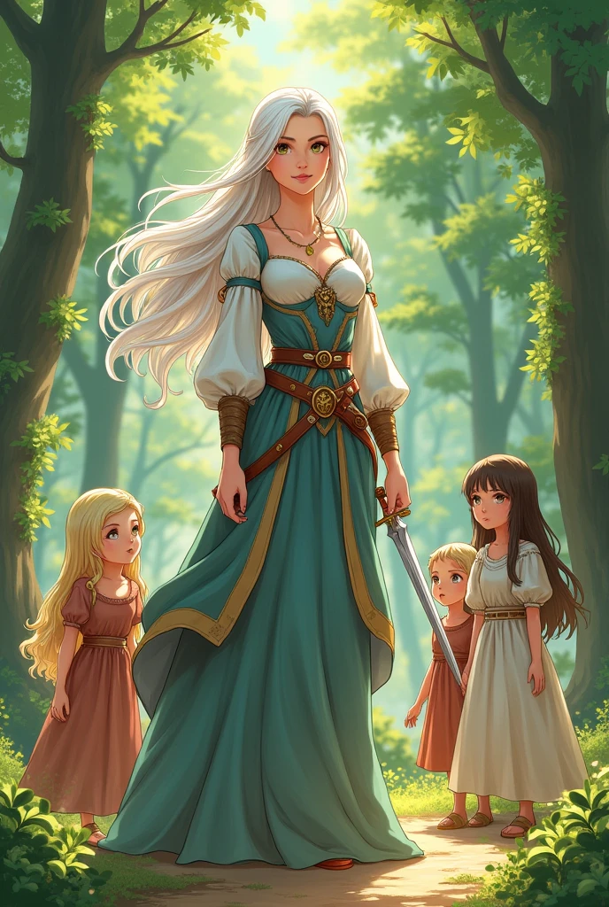 Animé, femme, cheveux blanc, belle, douce, vêtement moyen âge, avec dague, mère de 4 enfants