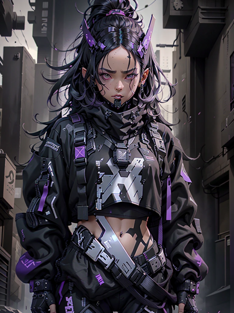 1woman, long stright black hair, purple eyes, wearing black urban techwear, wearing black cyberhelemt, crop top, 8K, Hi-Res, UltraSharp, Cyberhelmet