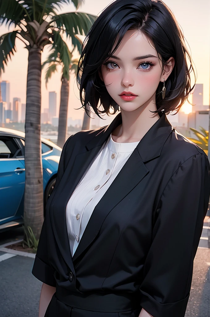 A girl with short black hair, heterochromia eyes, wearing a black suit top, red dress shirt, and straight dress pants, standing in Miami at sunset with a Ferrari and palm trees in the background, (best quality,4k,8k,highres,masterpiece:1.2),ultra-detailed,(realistic,photorealistic,photo-realistic:1.37),beautiful detailed eyes,beautiful detailed lips,extremely detailed eyes and face,longeyelashes,retro,cinematic lighting,moody atmosphere,vibrant colors,dramatic shadows,intricate details,luxury car,tropical landscape