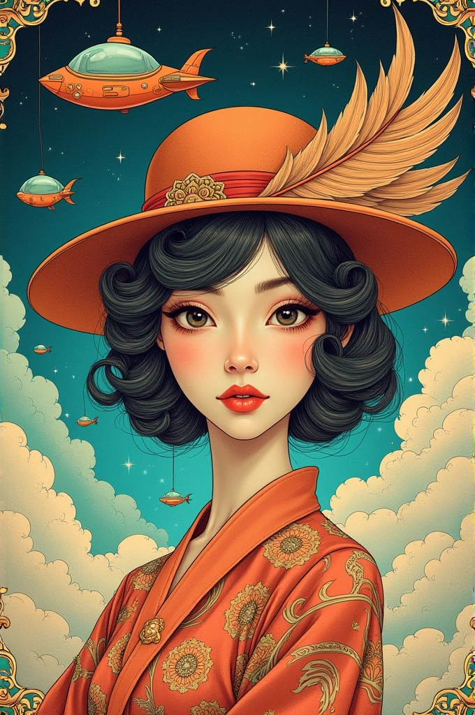 ((best quality)), ((masterpiece)), (detailed), ((perfect face)), surreal, art nouveau, in the illustrative style of moebius, spaceships, fantasy, sci-fi, graphic novel, line drawing, japanese, traditional, vintage, elegant, chic, sophisticated, monty python, feathered hat,