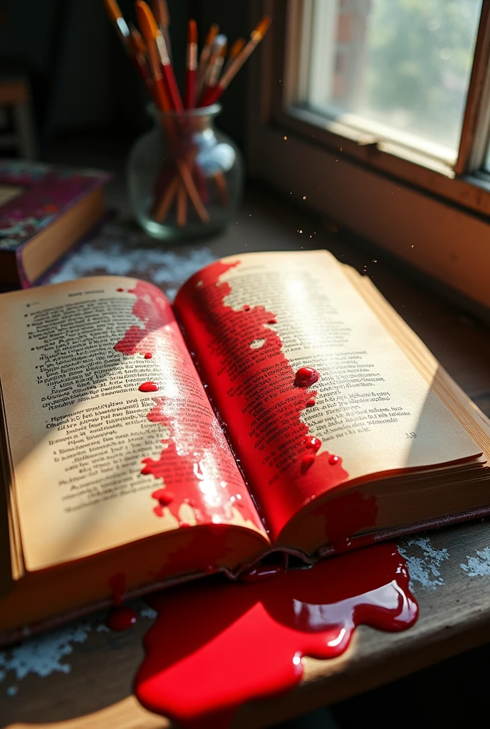 Red nail polish spilled on an open literature book