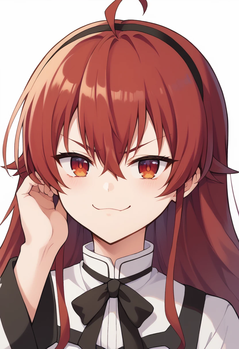 score_9, score_8_up, score_7_up, source_anime, 1girl, eris greyrat, ahoge, hair between eyes, long hair, red eyes, red hair, sidelocks, portrait, smug,