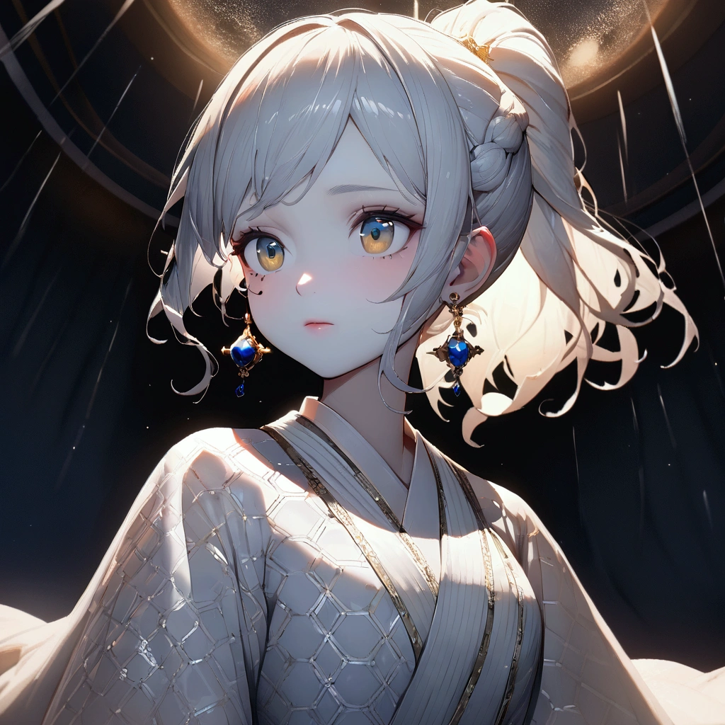 (Beautiful night sky), (Stars), Meteor Showers, Beyond the clouds，Wide Angle, Stunning clouds, 1 Girl, Solitary ,(young), Facial highlights, Upper Body, Delicate face, Tear mole, White skin, Silver Hair, Ponytail, Braided hair, Looking at the audience, big eyes, silk robe, (Hollow pattern, White, silk), earrings, Small Breasts, slim, VIP room, Professional lighting, Photon Mapping, Radiosity, Physically Based Rendering,(best quality, masterpiece:1.2), Ultra-high resolution, Practical, forward lighting, Intricate details, Exquisite details and textures,