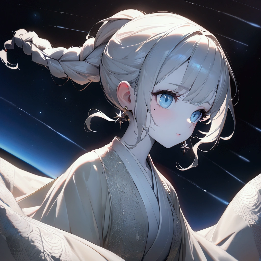(Beautiful night sky), (Stars), Meteor Showers, Beyond the clouds,Wide Angle, Stunning clouds, 1 Girl, Solitary ,(young), Facial highlights, Upper Body, Delicate face, Tear mole, White skin, Silver Hair, Ponytail, Braided hair, Looking at the audience, big eyes, silk robe, (Hollow pattern, White, silk), earrings, Small Breasts, slim, VIP room, Professional lighting, Photon Mapping, Radiosity, Physically Based Rendering,(best quality, masterpiece:1.2), Ultra-high resolution, Practical, forward lighting, Intricate details, Exquisite details and textures,