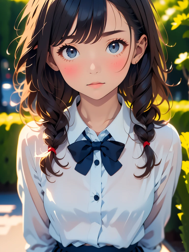 (masterpiece, best quality:1.4), award winning portrait, 8k, 85mm, solo, beautiful face, delicate girl, , (dark navy blazer jacket, arms behind back, close up face:1.2), dark navy skirt, long sleeve, violaceaess, gardeniass, elegance, sophisticated, cute, , looking at viewer, 18yo, raw photo, absurdres, HDR, sharp focus, bow tie, bokeh background