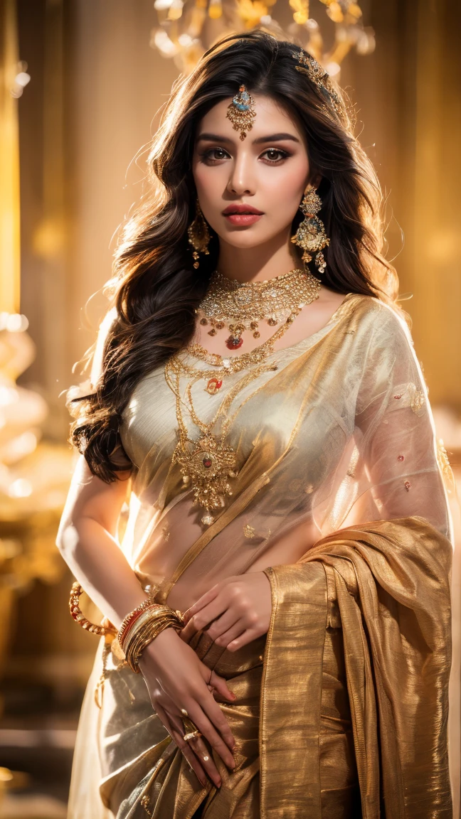 ((Best quality, 8k, Masterpiece :1.3)), Sharp focus :1.2, Generate a realistic image of a beautiful sexy Indian woman dressed in a white Kasava saree, adorned with traditional ornaments, standing in a well-lit room with cinematic lighting. ((Front view, random elegant pose)), and there is a sense of grace and elegance in her posture. The background should complement the scene, enhancing the overall aesthetic appeal of the image. Photography by Brandon Woelfel, Full shot: Canon EF 16-35mm f/2.8L III USM lens on a Canon EOS 5D Mark IV camera, ultra realistic, 32k, HD