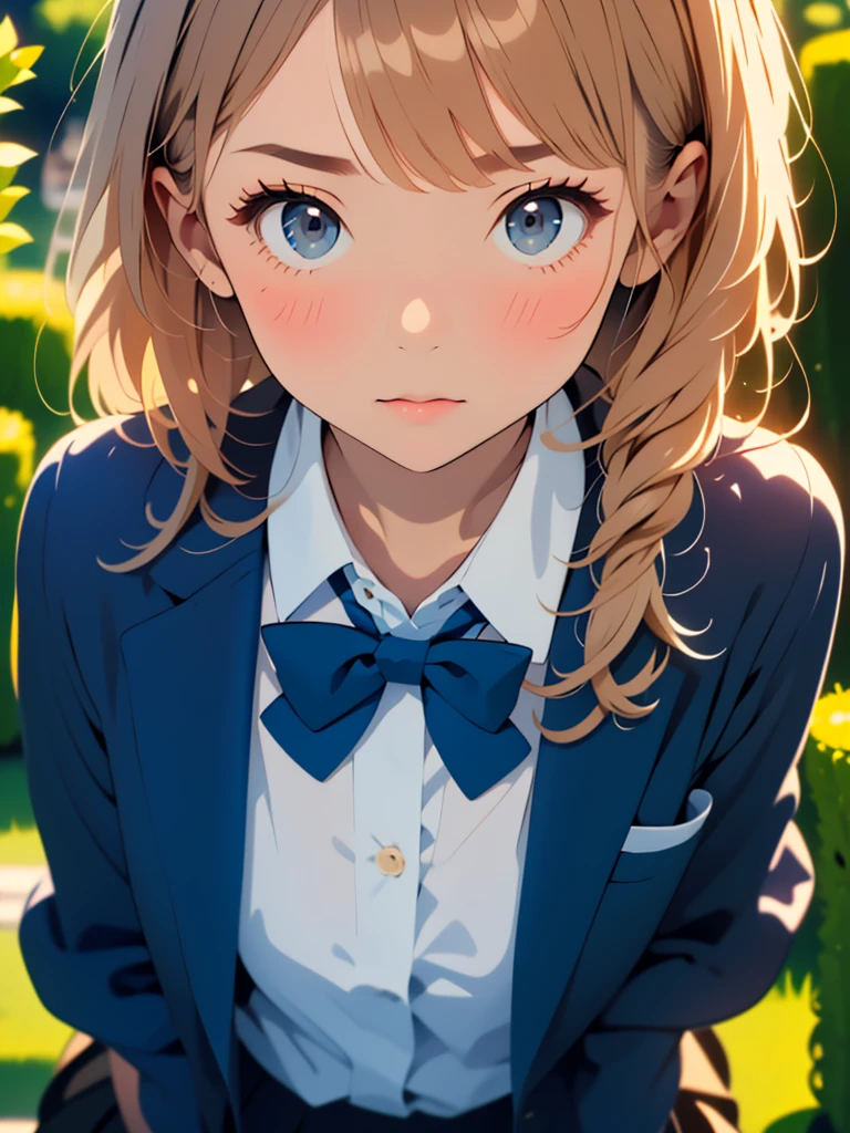 (masterpiece, best quality:1.4), award winning portrait, 8k, 85mm, solo, beautiful face, delicate girl, , (dark navy blazer jacket, arms behind back, close up face:1.2), dark navy skirt, long sleeve, violaceaess, gardeniass, elegance, sophisticated, cute, teen, looking at viewer, 18yo, raw photo, absurdres, HDR, sharp focus, bow tie, bokeh background