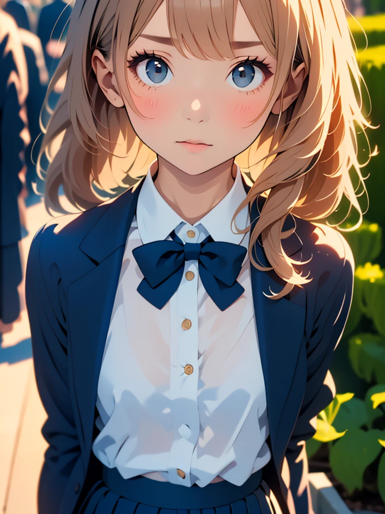 (masterpiece, best quality:1.4), award winning portrait, 8k, 85mm, solo, beautiful face, delicate girl, , (dark navy blazer jacket, arms behind back, close up face:1.2), dark navy skirt, long sleeve, violaceaess, gardeniass, elegance, sophisticated, cute, teen, looking at viewer, 18yo, raw photo, absurdres, HDR, sharp focus, bow tie, bokeh background