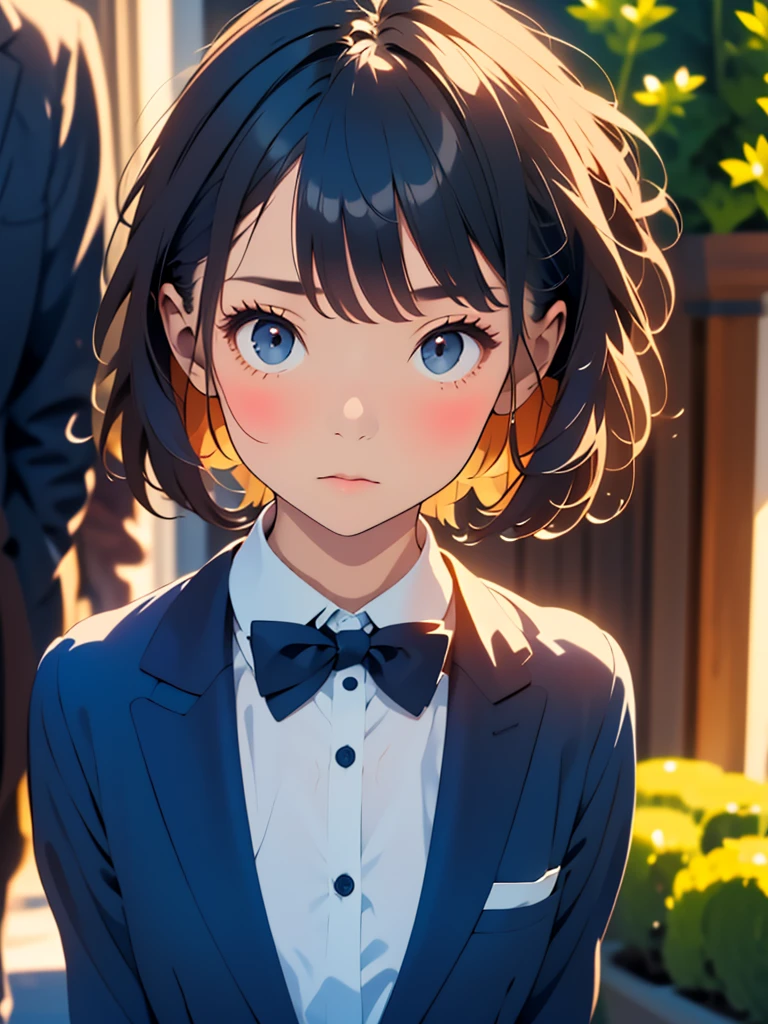 (masterpiece, best quality:1.4), award winning portrait, 8k, 85mm, solo, beautiful face, delicate girl, , (dark navy blazer jacket, arms behind back, close up face:1.2), dark navy skirt, long sleeve, violaceaess, gardeniass, elegance, sophisticated, cute, , looking at viewer, 18yo, raw photo, absurdres, HDR, sharp focus, bow tie, bokeh background