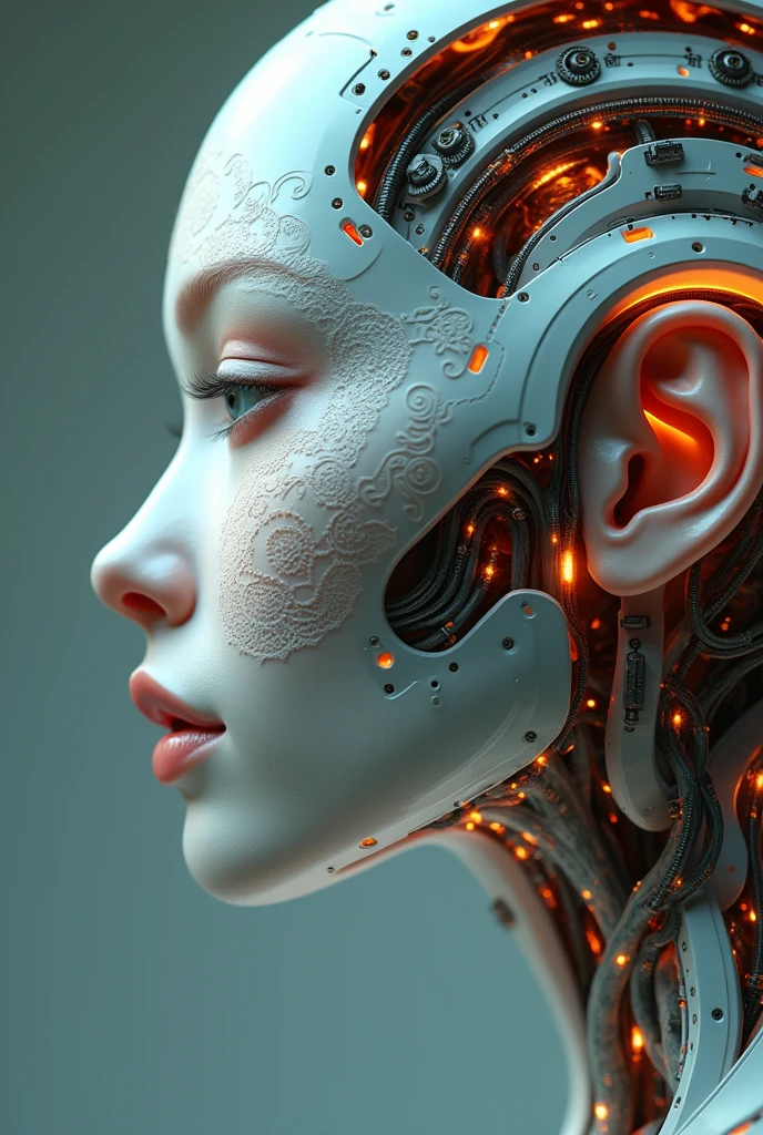 complex 3d render ultra detailed of a beautiful porcelain profile woman android face, cyborg, robotic parts, 150 mm, beautiful studio soft light, rim light, vibrant details, Luxurious cyberpunk, lace, hyperrealistic, anatomical, facial muscles, cable electric wires, microchip, elegant, beautiful background, Octane Render, H. R. Giger style, 8k, best quality, masterpiece, illustration, an extremely delicate and beautiful, extremely detailed ,CG ,unity ,wallpaper, (realistic, photo-realistic:1.37),Amazing, finely detail, masterpiece,best quality,official art, extremely detailed CG unity 8k wallpaper, absurdres, incredibly absurdres, uhd、Enchanting cleavage