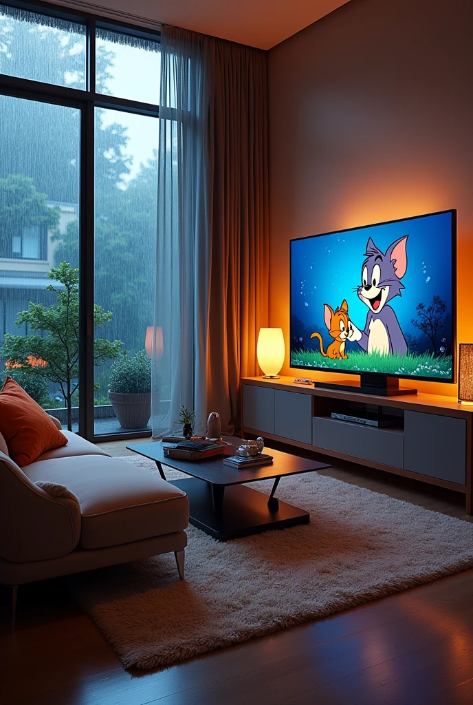 Picture has taken from the modren living room,
Modren living room has sofa tv on with tom and jerry center table watch and other necessary things, it has a big glass window and outsite its raining make it more beautiful