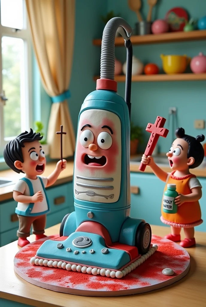 Make me a cake shaped like a vacuum cleaner, being exorcised by a cartoon