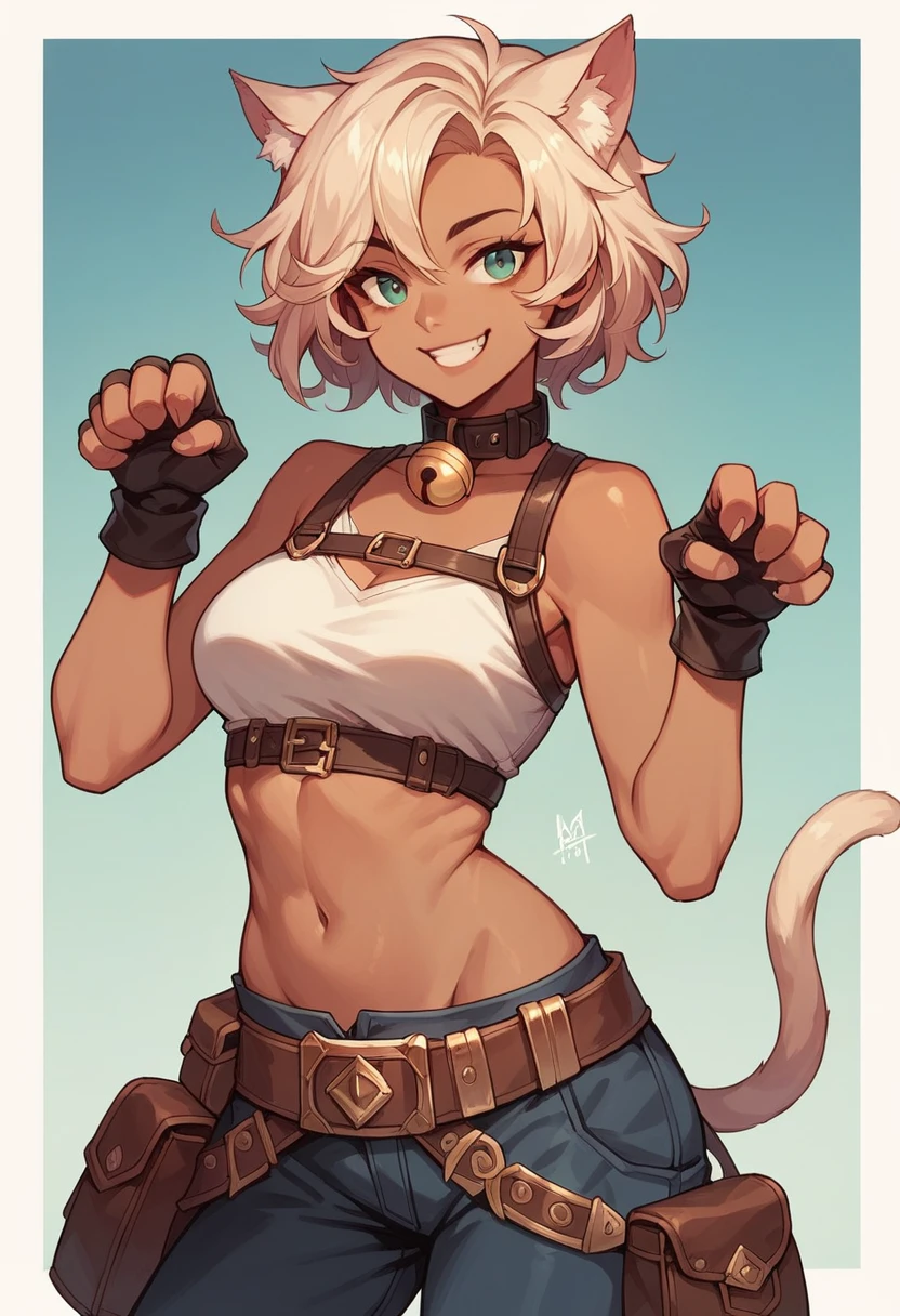 (masterpiece, best quality:1.2), solo, 1girl, sgmsfortune, dark skin, dark-skinned female, smile, looking at viewer, paw pose, lots of hair, crop top, fingerless gloves, collar, bell, belt, pouch, cat tail 