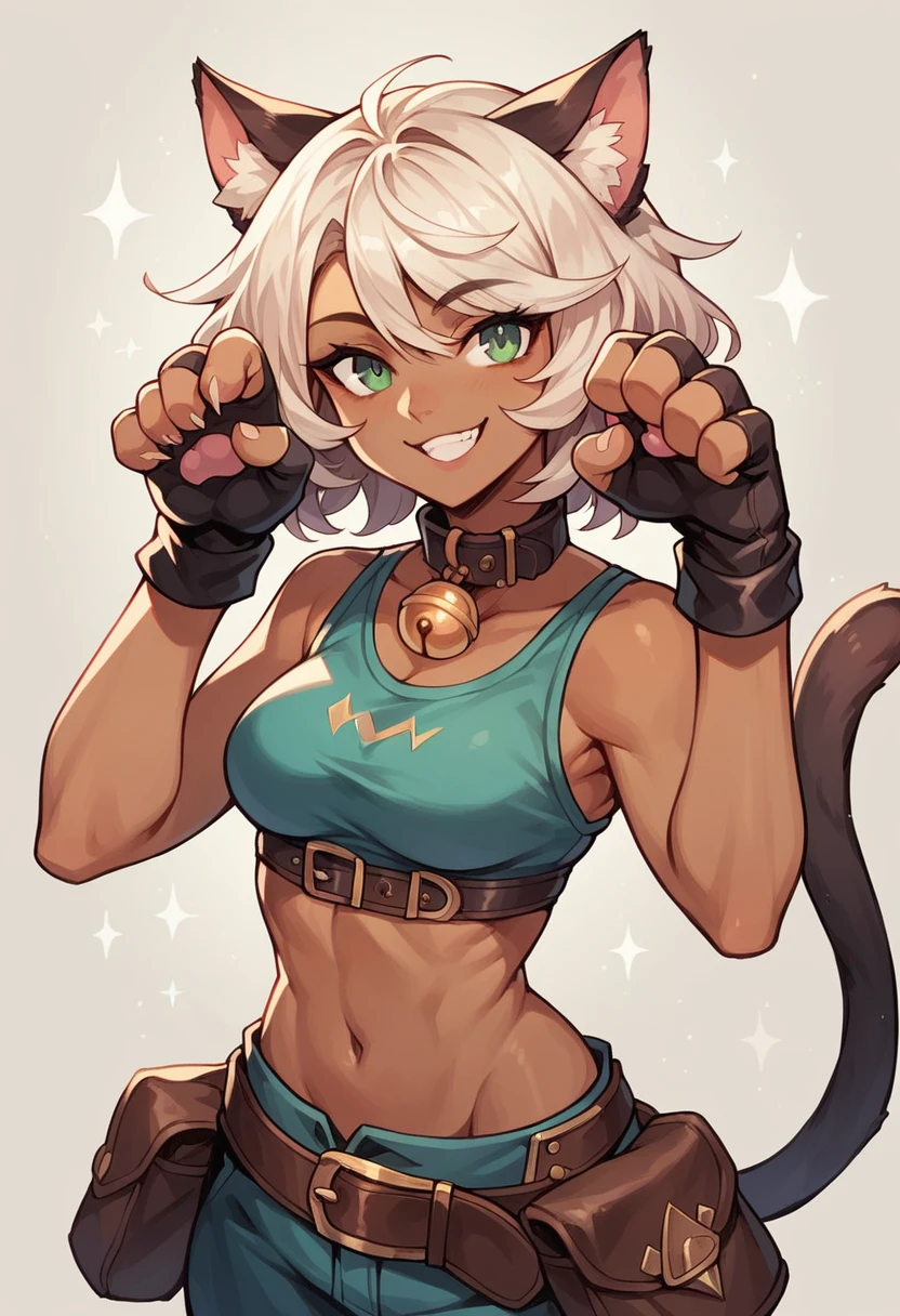 (masterpiece, best quality:1.2), solo, 1girl, sgmsfortune, dark skin, dark-skinned female, smile, looking at viewer, paw pose, lots of hair, crop top, fingerless gloves, collar, bell, belt, pouch, cat tail