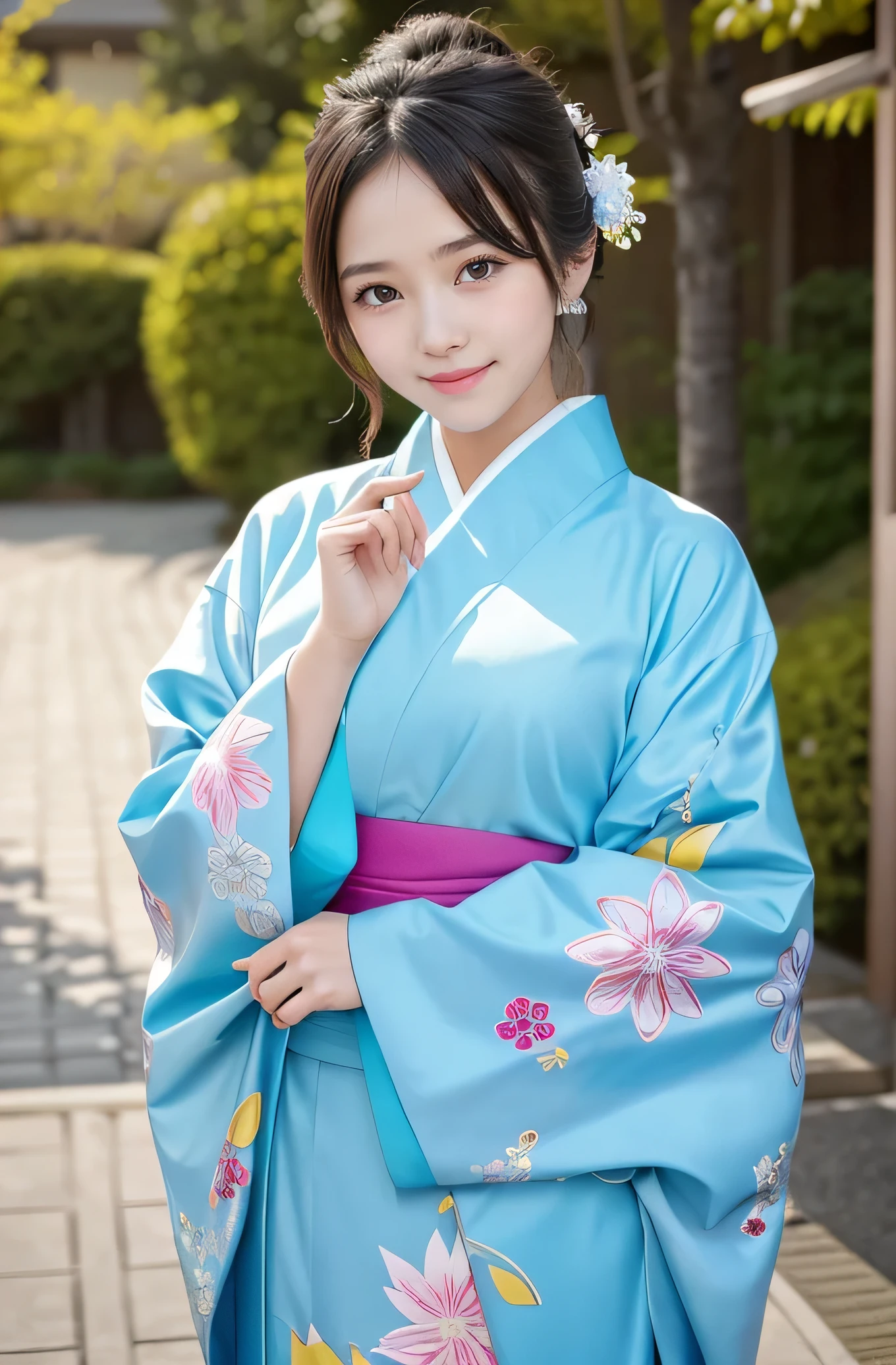 very cute girl, super cute face,clear attractive eyes, detailed Beautiful eyes,smiling, realistic photograph,gorgeous flamboyantly colored long sleeves kimono,
furisode ,very beautiful kimono,
Costume lighting